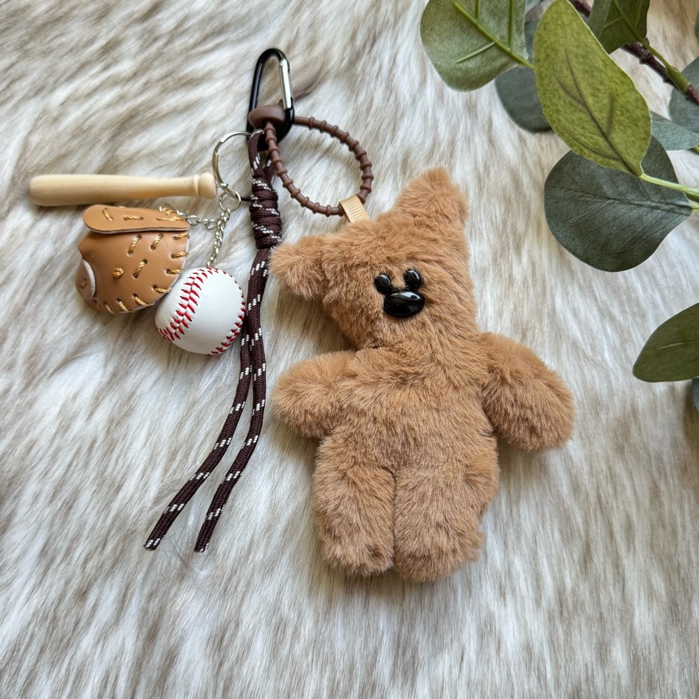 Brown Teddy Bear with Baseball Stuff Keychain